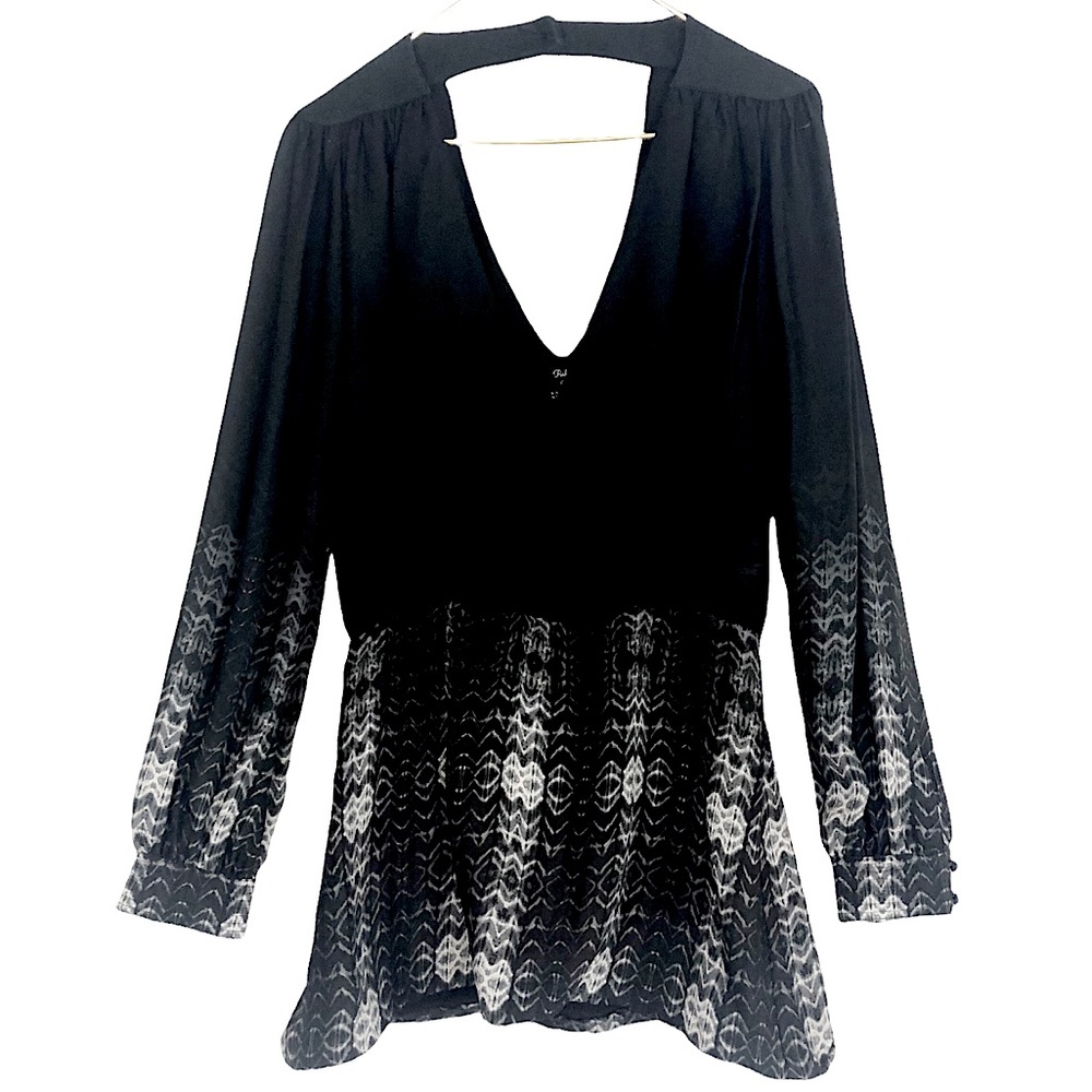 BARNEYS PARKER Black Silk Tribal Print Long Sleeve Crossover Mini Dress